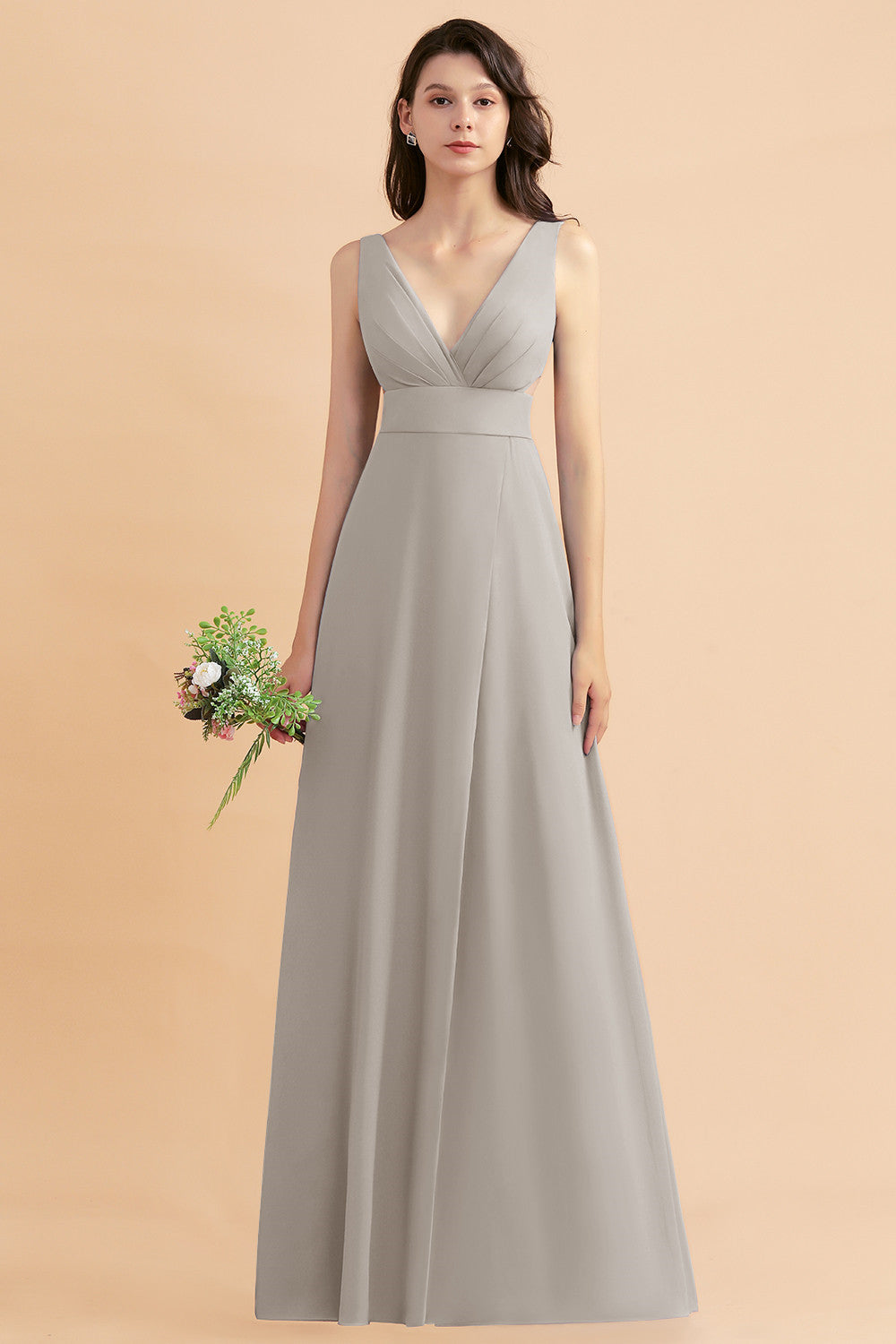 A-Line Dusty Blue Chiffon Ruffles Bridesmaid Dress with Slit