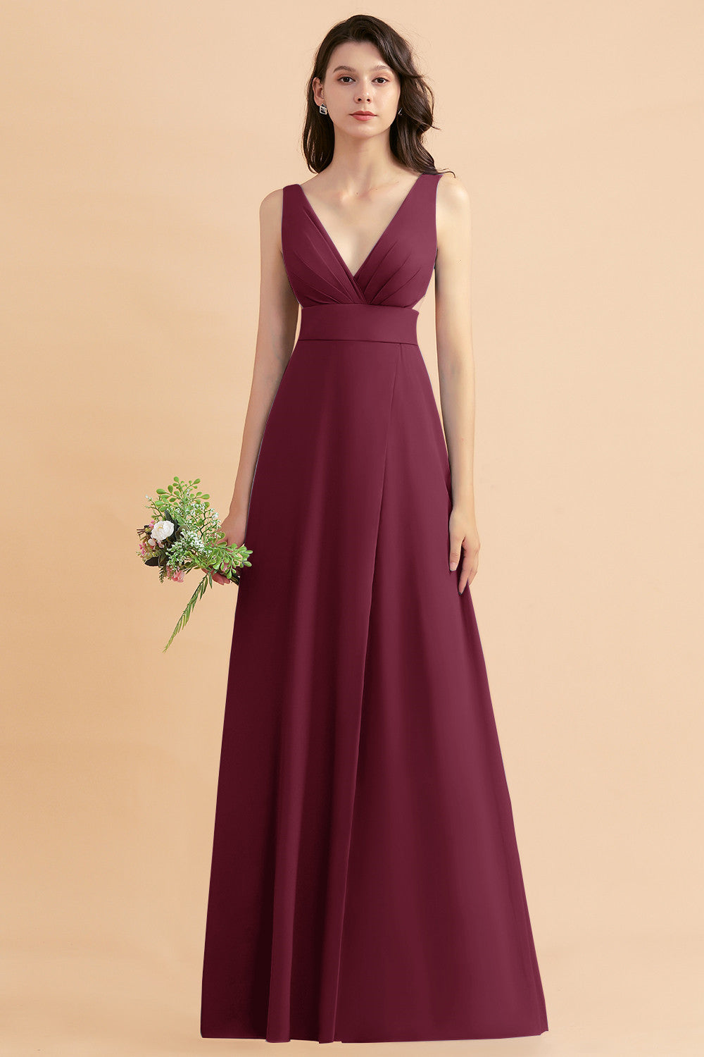 A-Line Dusty Blue Chiffon Ruffles Bridesmaid Dress with Slit