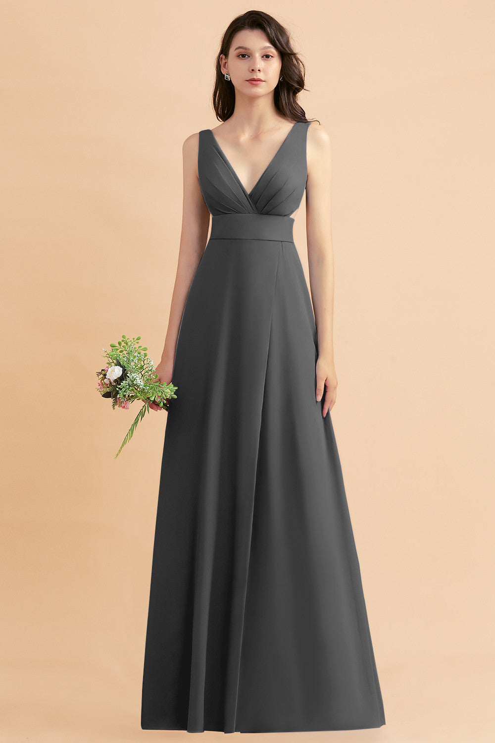 A-Line Dusty Blue Chiffon Ruffles Bridesmaid Dress with Slit