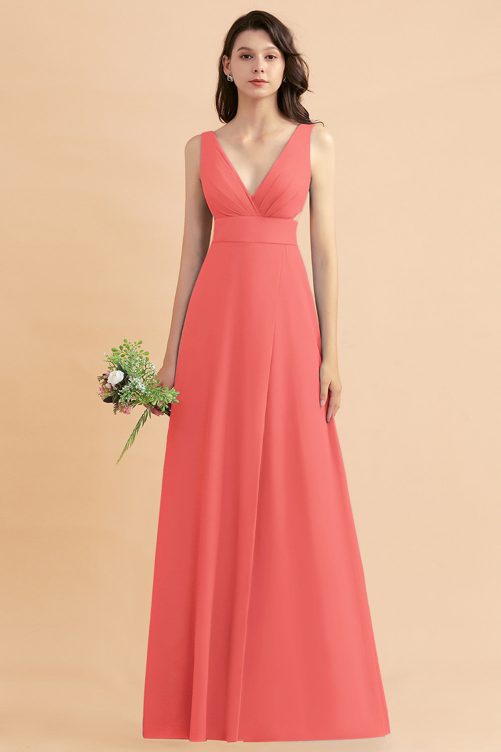 A-Line Dusty Blue Chiffon Ruffles Bridesmaid Dress with Slit