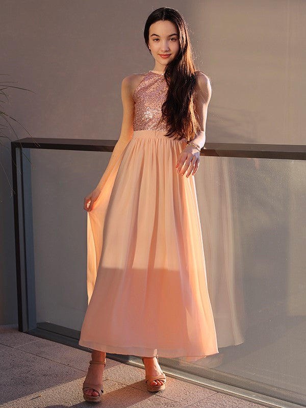 A-Line Elegant Chiffon Sequin Scoop Sleeveless Ankle-Length Junior/Girls Graduation Dress