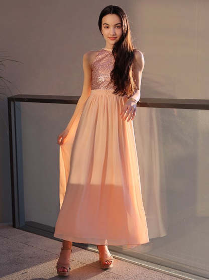 A-Line Elegant Chiffon Sequin Scoop Sleeveless Ankle-Length Junior/Girls Graduation Dress