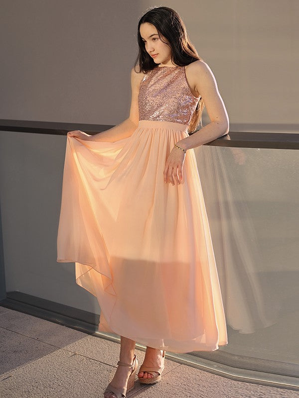 A-Line Elegant Chiffon Sequin Scoop Sleeveless Ankle-Length Junior/Girls Graduation Dress