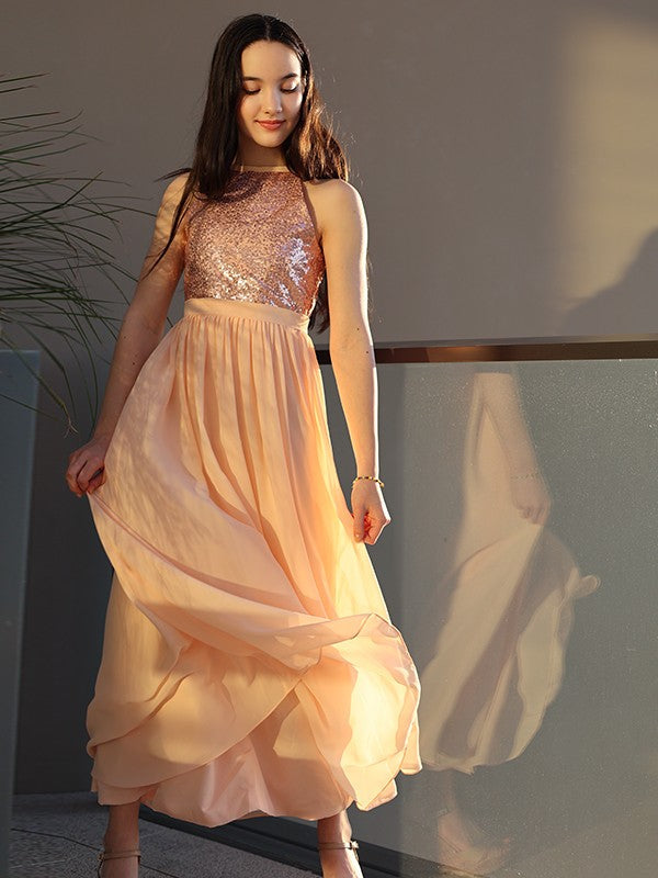 A-Line Elegant Chiffon Sequin Scoop Sleeveless Ankle-Length Junior/Girls Graduation Dress