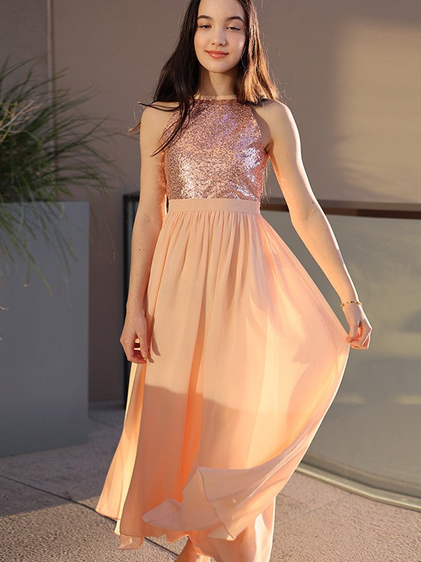 A-Line Elegant Chiffon Sequin Scoop Sleeveless Ankle-Length Junior/Girls Graduation Dress
