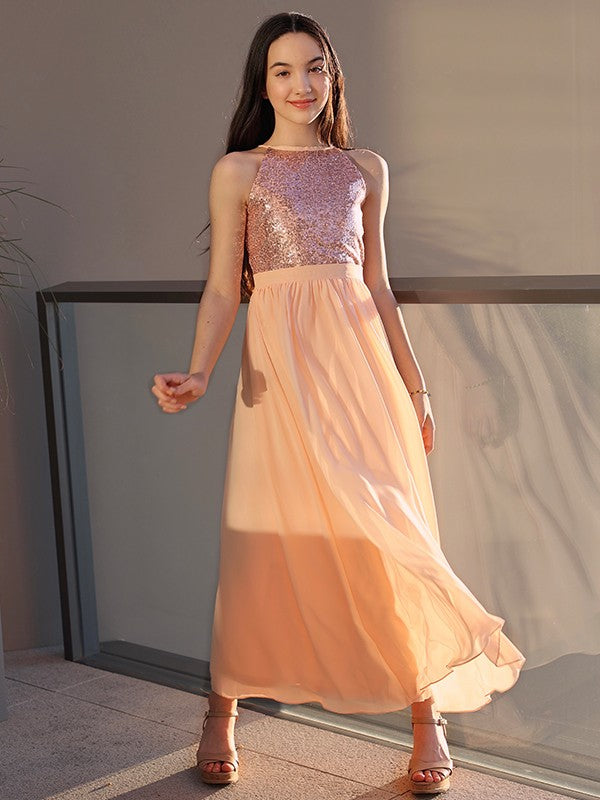 A-Line Elegant Chiffon Sequin Scoop Sleeveless Ankle-Length Junior/Girls Graduation Dress
