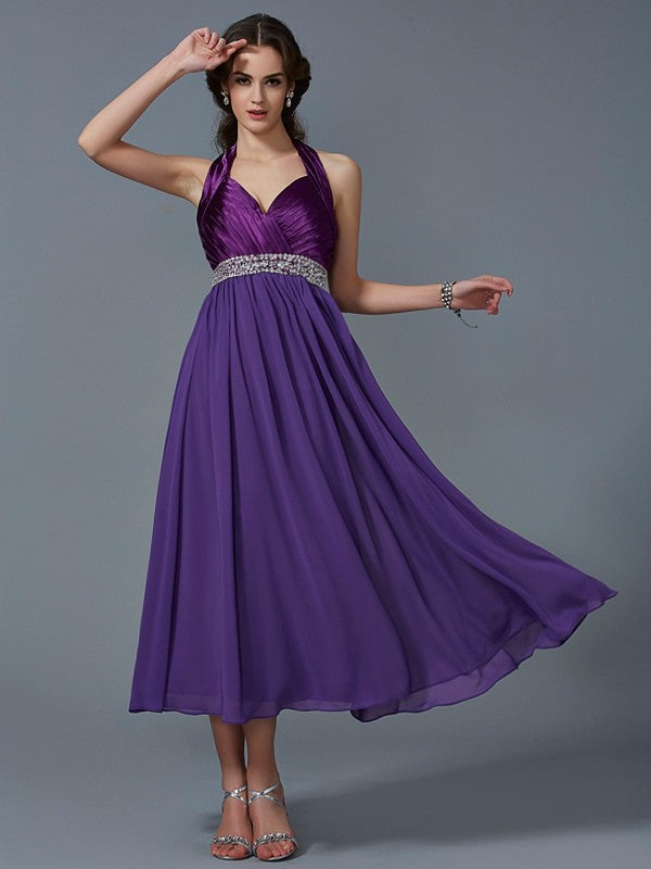 A-Line Elegant Halter Sleeveless Beading Long Chiffon Graduation Dress