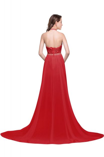 A-line Halter Chiffon Evening Dress with Lace