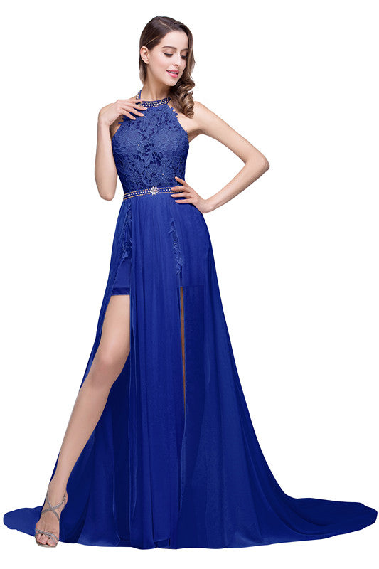 A-line Halter Chiffon Evening Dress with Lace