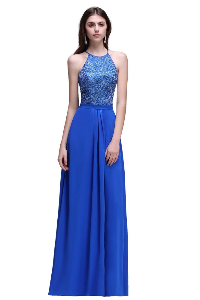 A-line Halter Neck Chiffon Royal Blue Prom Dresses with Sequins