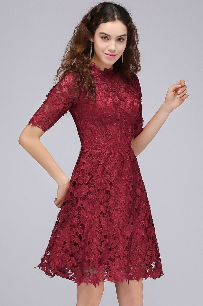 A-Line Halter Short Lace Burgundy Cocktail Dresses