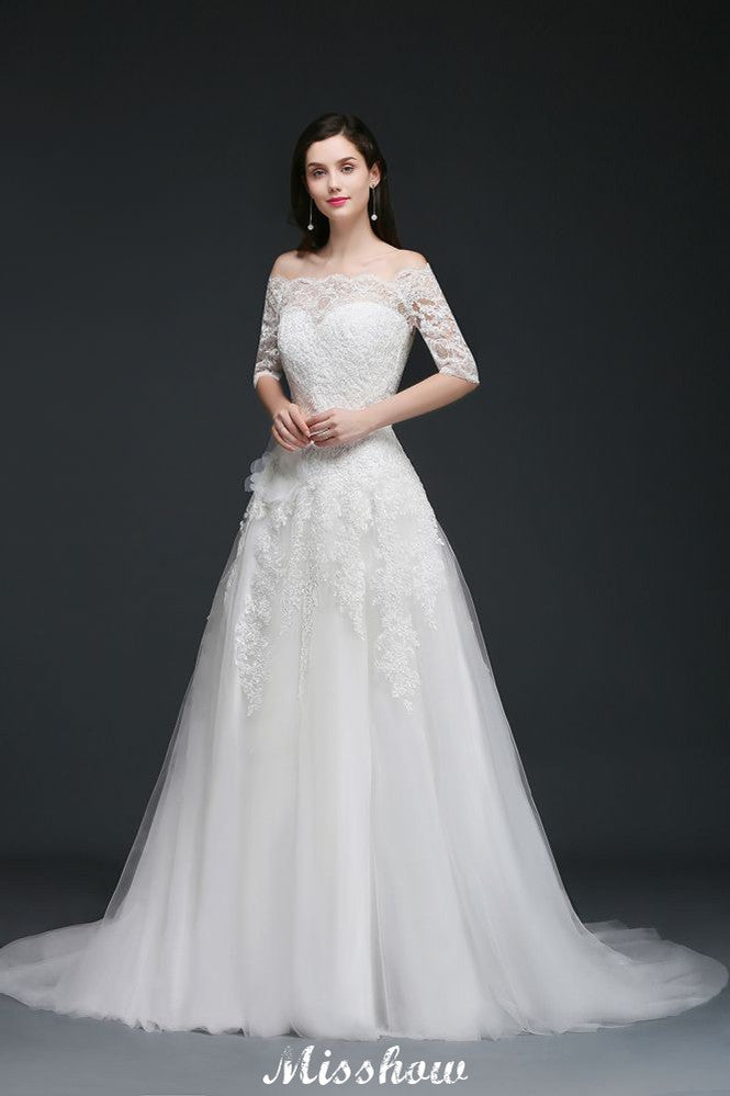 A-line Off-the-Shoulder Court Train Tulle Wedding Dresses with Buttons