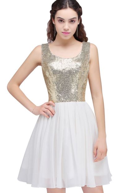 A-line Scoop Short Sequins White Cute Cocktail Dresses with Sequins