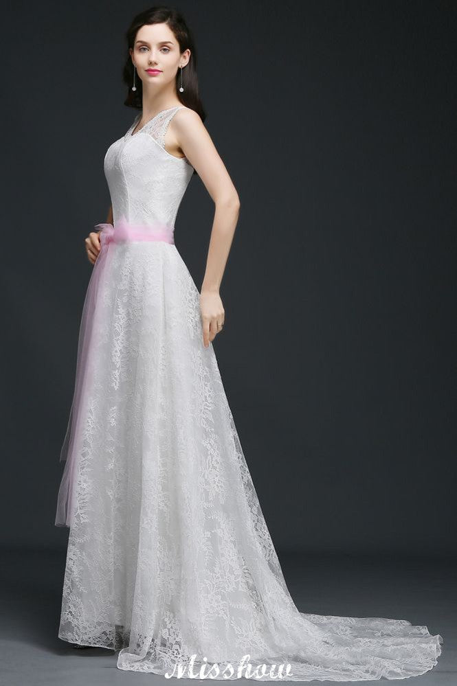 A-line Straps White Wedding Dress With Bowknot