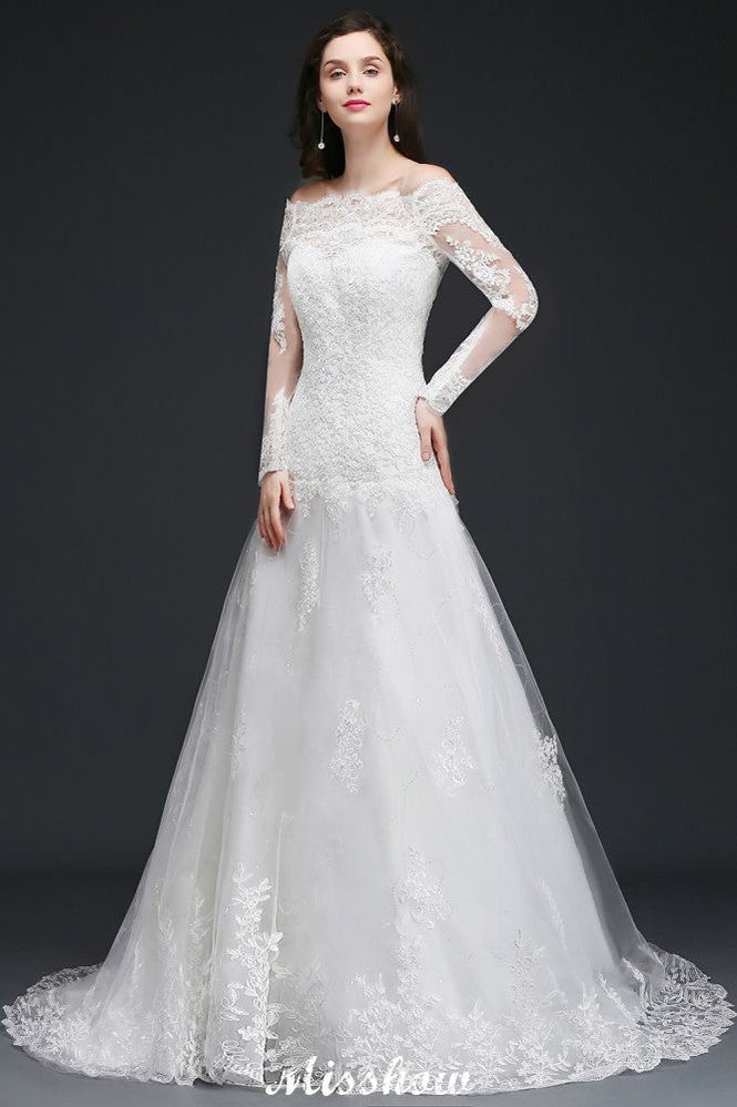 A-line Sweep-train Ivory Wedding Dress with Lace