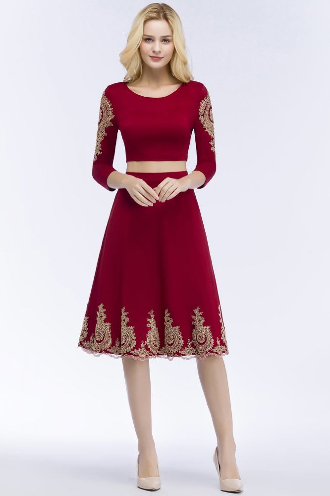 A-line Two-piece Plus Size Tea Length Long Sleeves Appliques Cocktail Dresses