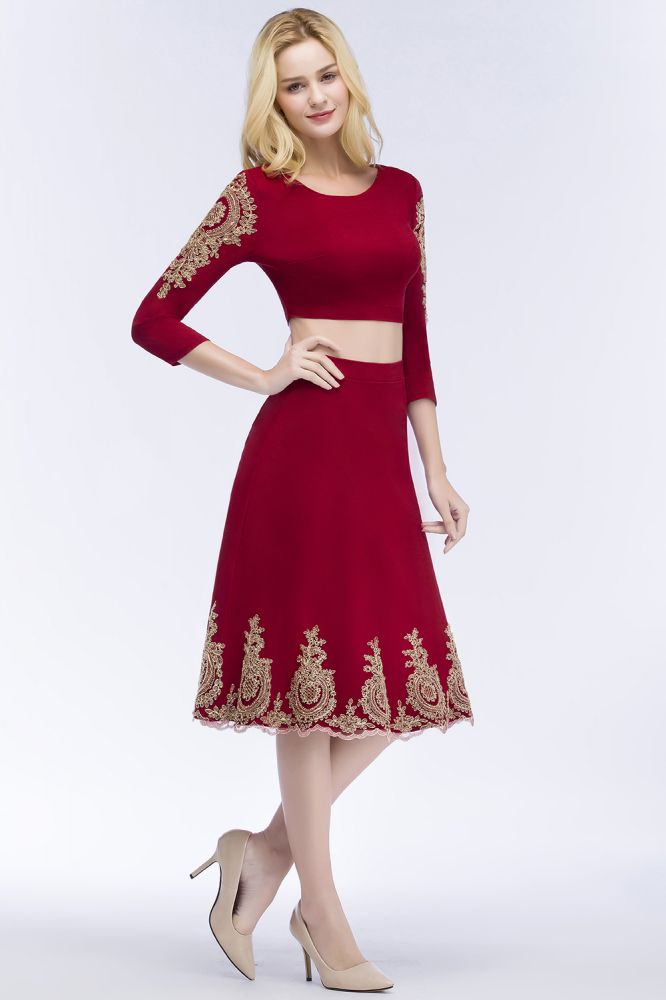 A-line Two-piece Plus Size Tea Length Long Sleeves Appliques Cocktail Dresses