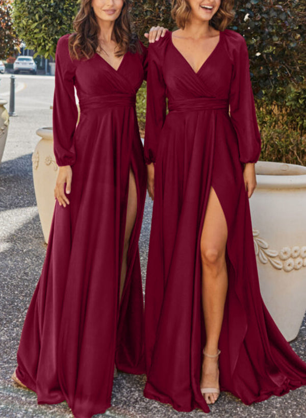 V-Neck Long Sleeves Silk Like Satin Bridesmaid Dresses With Split Front
