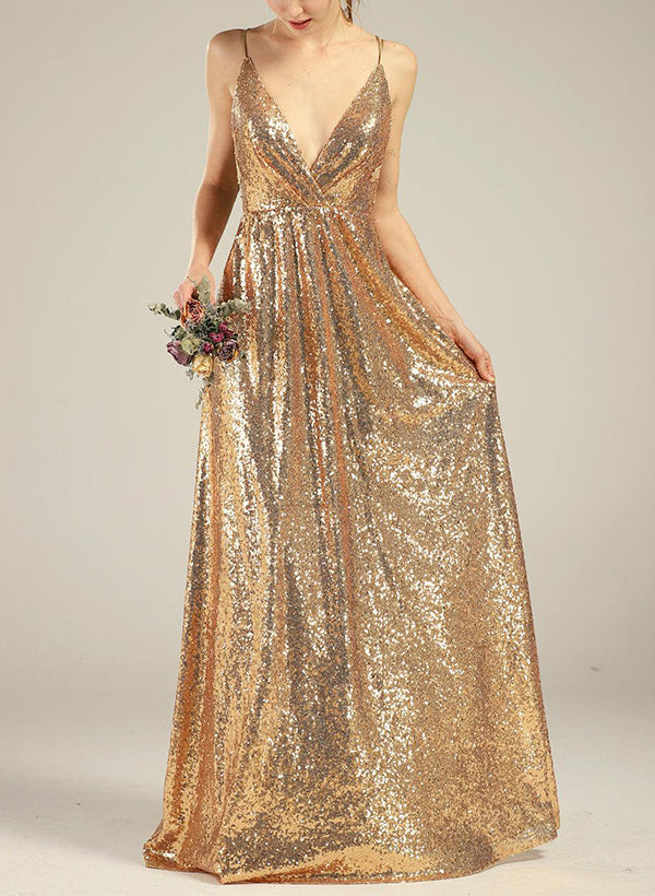 A-Line V-Neck Sleeveless Bridesmaid Dresses With Sequins