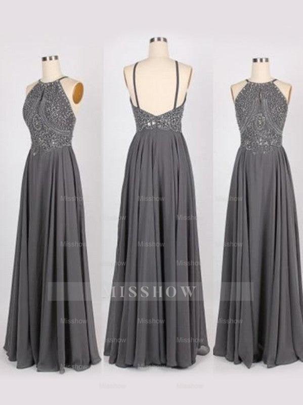 A-Line/Elegant Halter Sleeveless Beading Chiffon Prom Dresses