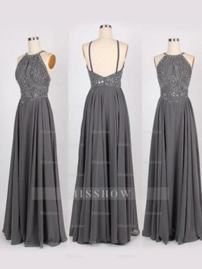 A-Line/Elegant Halter Sleeveless Beading Chiffon Prom Dresses