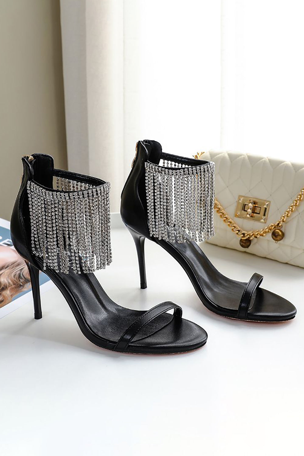 Thick High Heels with Black Rhinestones