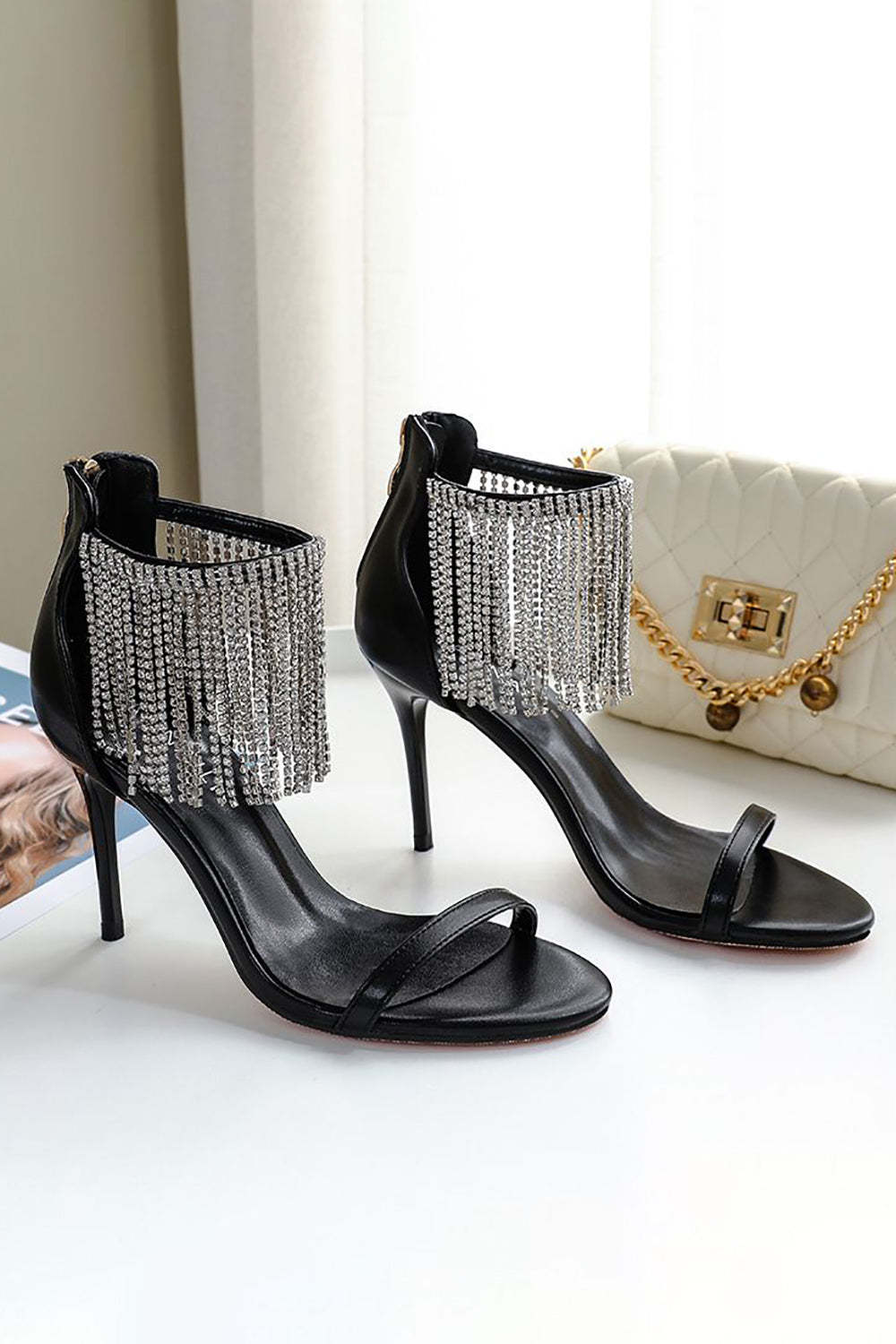 Thick High Heels with Black Rhinestones