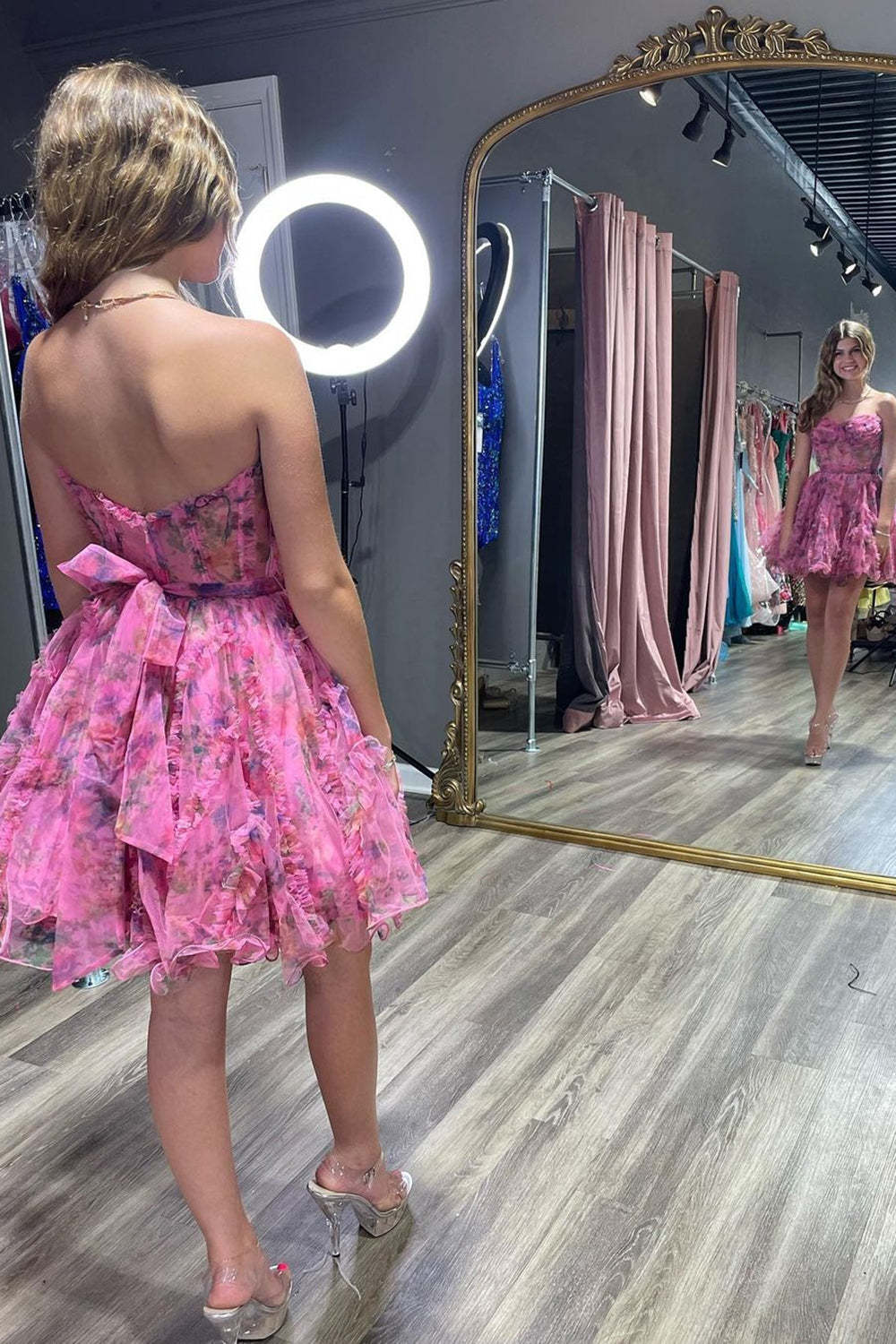 Gorgeous A Line Sweetheart Lilac Floral Printed Short Cocktail Dress