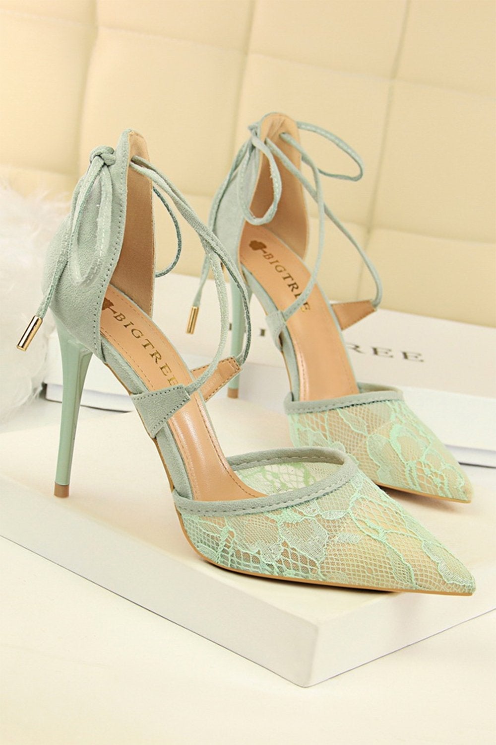 Pointed Toe Mesh Lace High Heels with Cross Straps