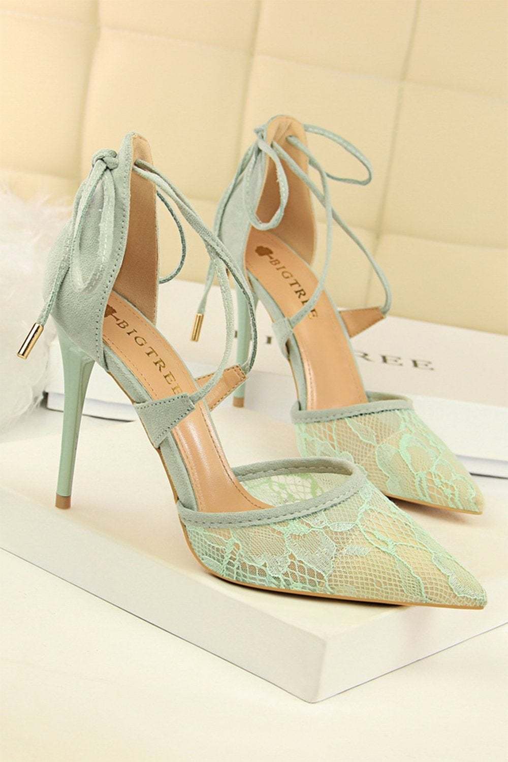 Pointed Toe Mesh Lace High Heels with Cross Straps