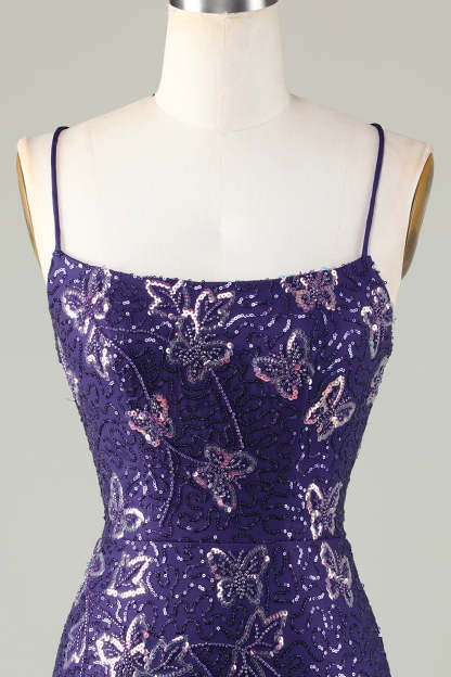 Sparkly Sheath Spaghetti Straps Purple Sequins Short Cocktail Dress With Criss Cross Back