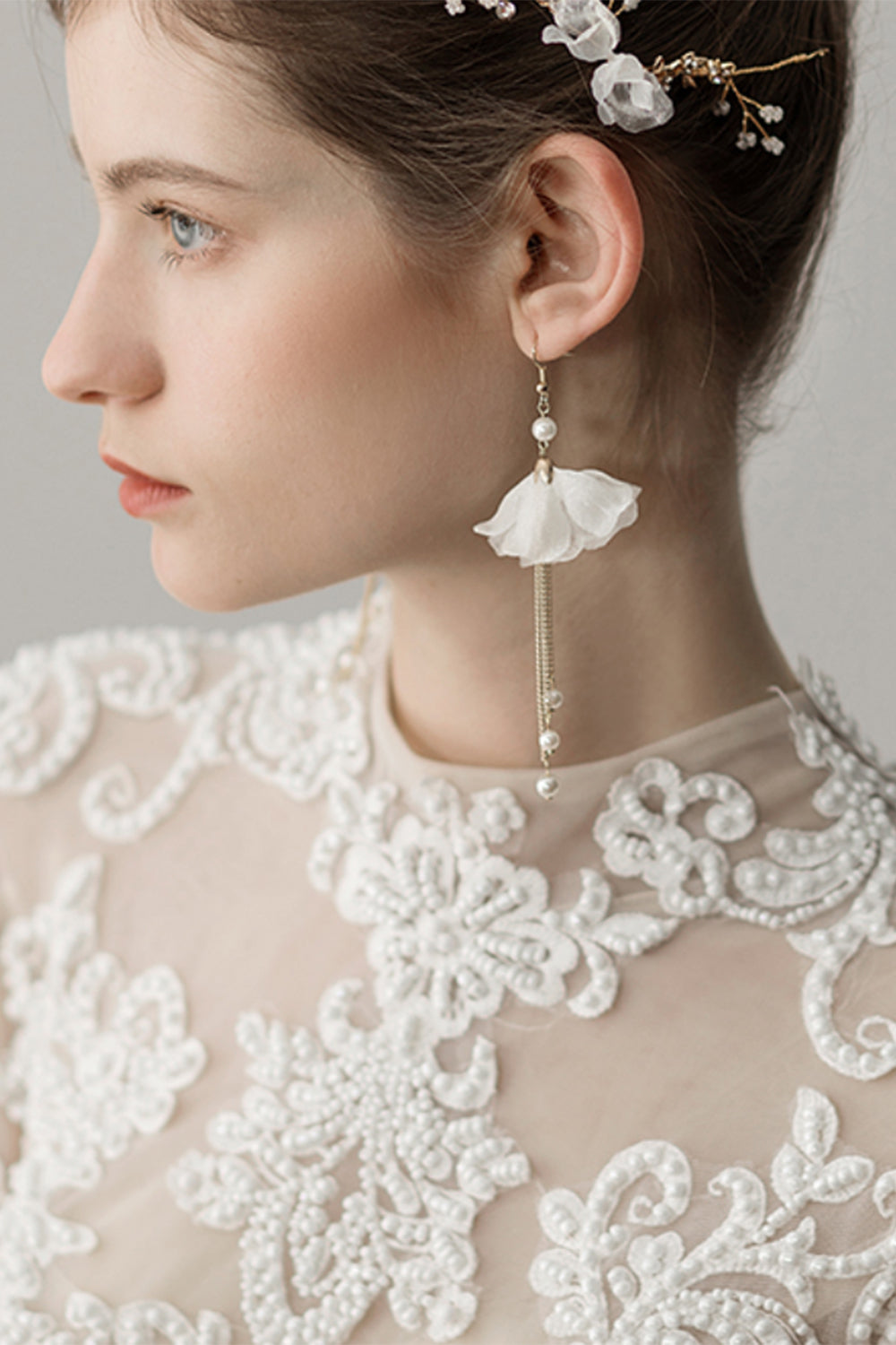 Bridal Headband Earrings with Beaded Flowers