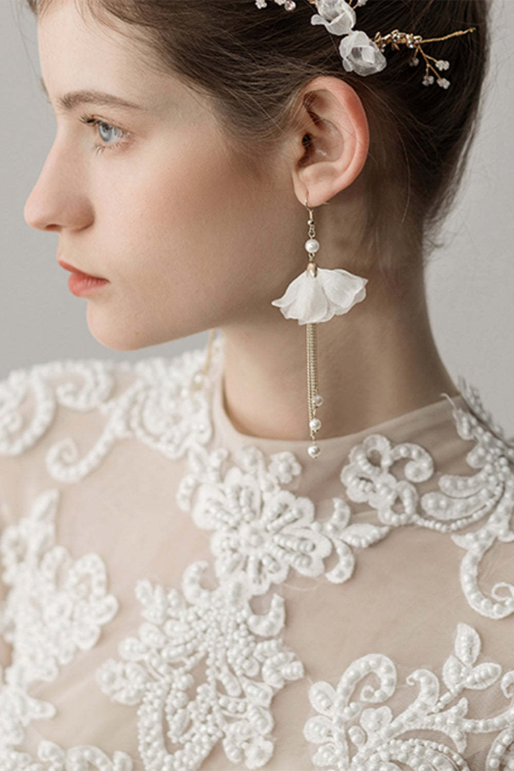 Bridal Headband Earrings with Beaded Flowers
