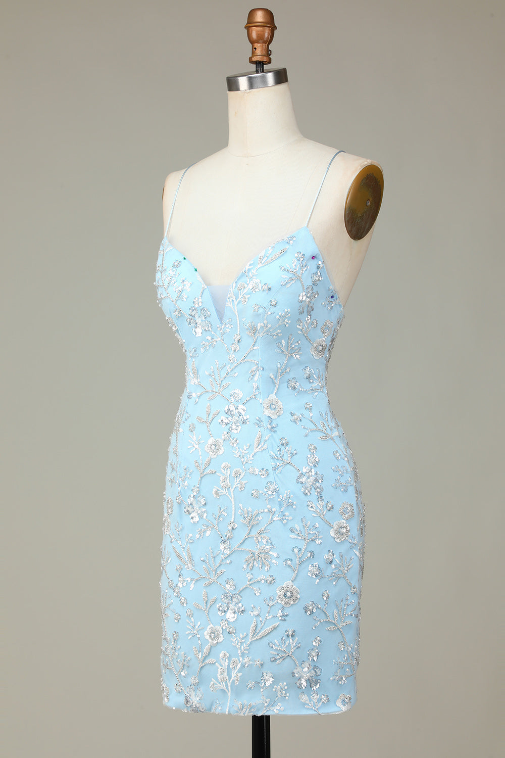 Stylish Bodycon Spaghetti Straps Light Blue Short Cocktail Dress With Beaded