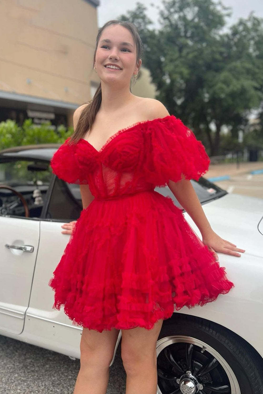 Cute A Line Off The Shoulder Black Tulle Corset Cocktail Dress