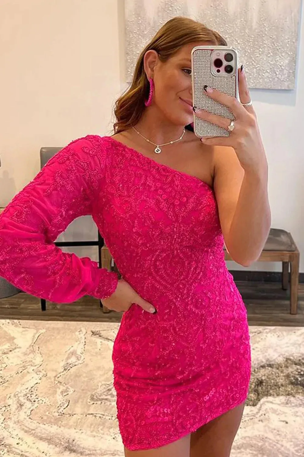 Hot Pink Beaded Sequins One Shoulder Tight Cocktail Dress