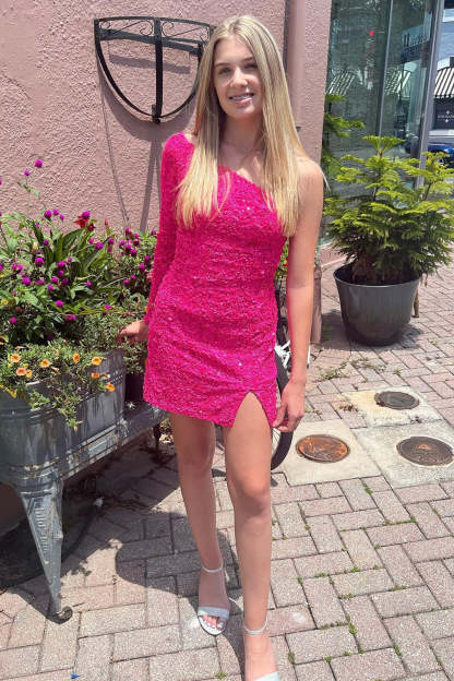 Fuchsia Sequins Cocktail Dress With Sleeves