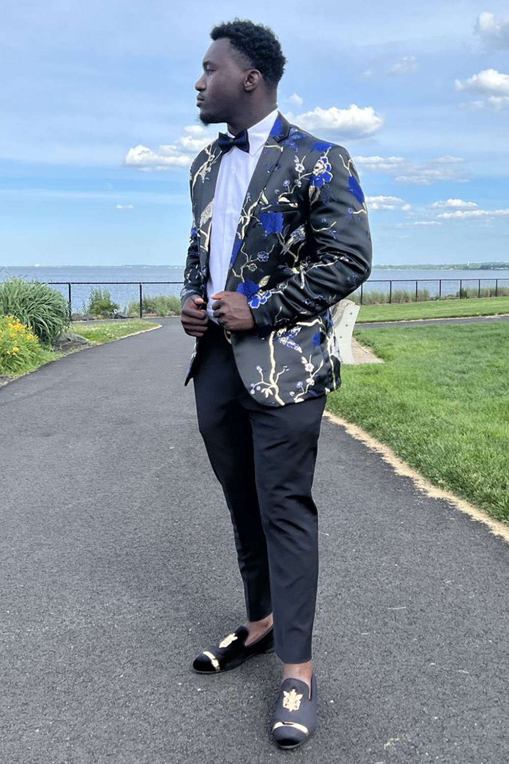 Men's Prom Suits in Blue Jacquard with 2 Shawl Lapel Pieces