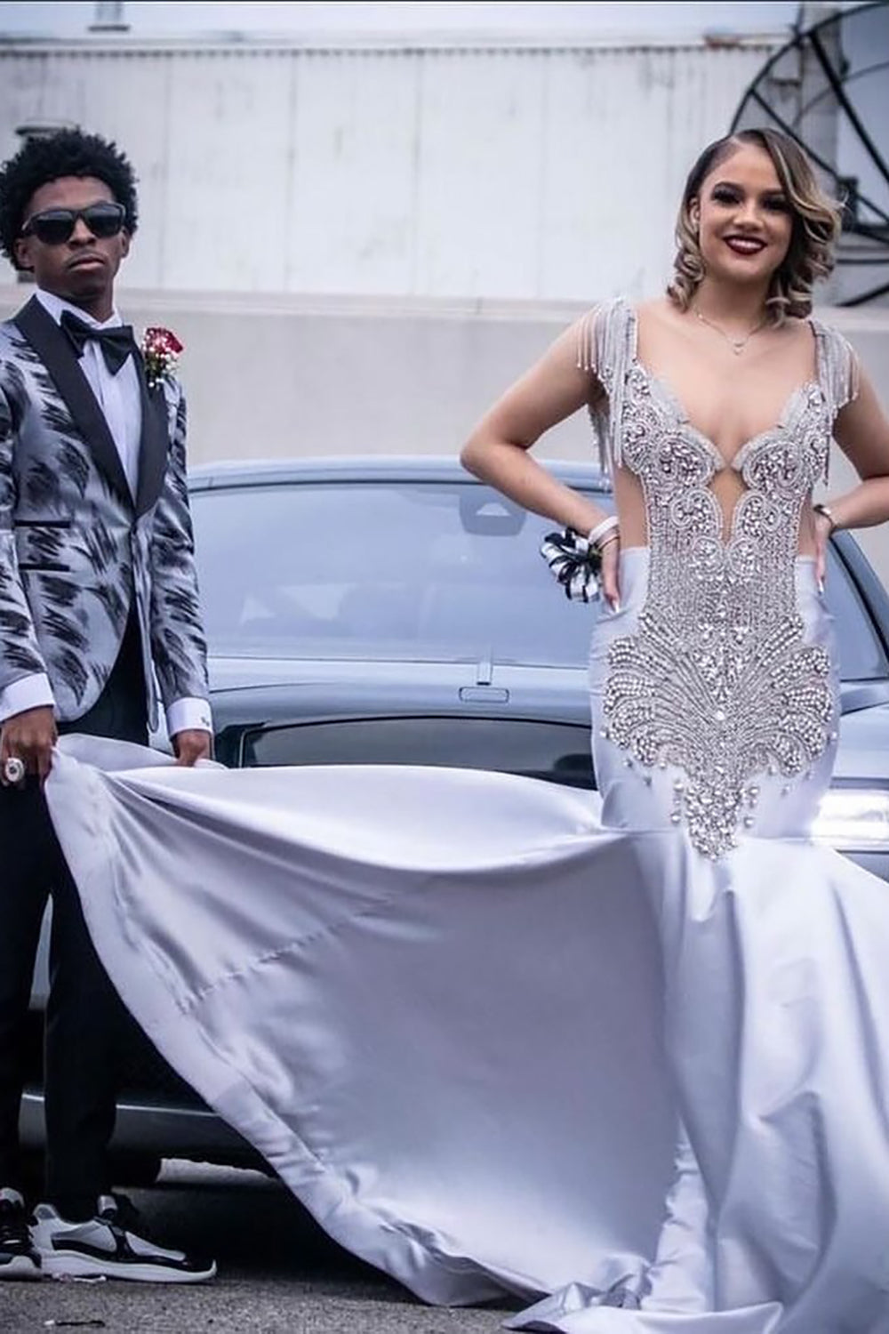 Men's Prom Blazer with Silver Shawl Lapel Print