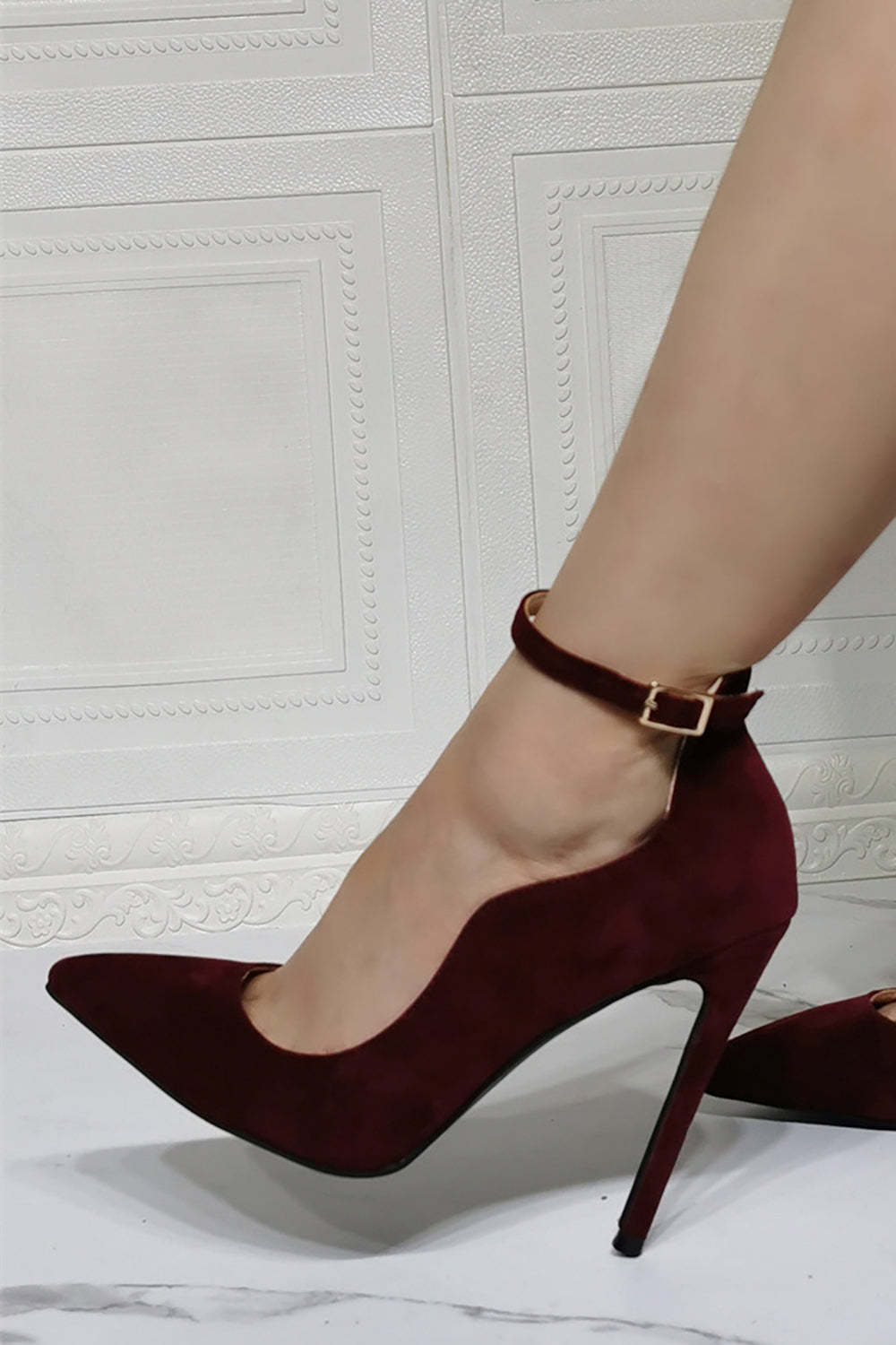 Burgundy Single Shoes with Stiletto Pointed Toes