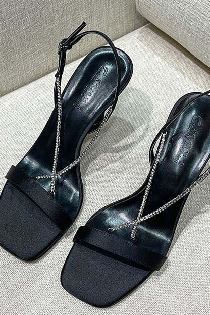 Black High Heel Stilettos with Beading and Square Toe