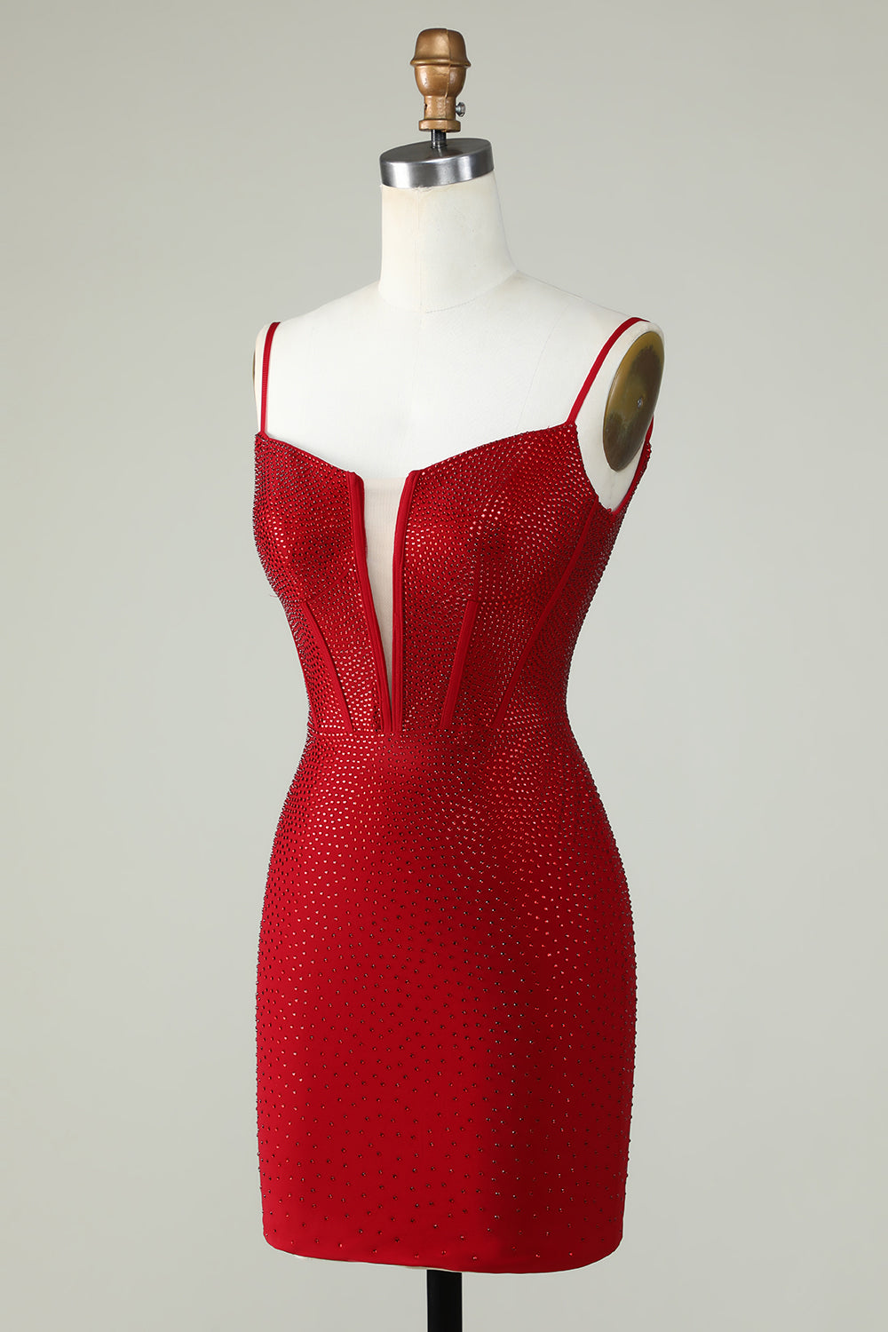 Sparkly Bodycon Spaghetti Straps Red Short Cocktail Dress With Beading
