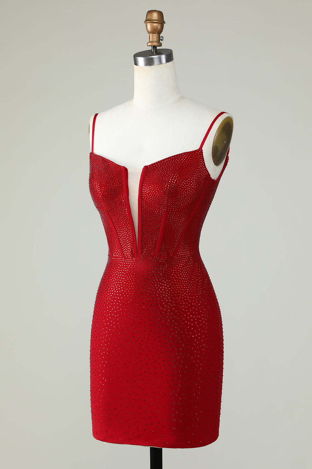 Sparkly Bodycon Spaghetti Straps Red Short Cocktail Dress With Beading