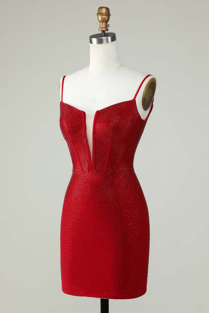 Sparkly Bodycon Spaghetti Straps Red Short Cocktail Dress With Beading
