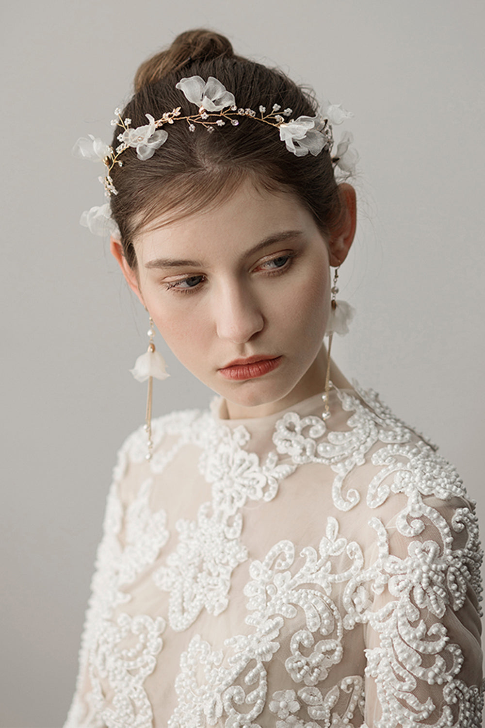 Bridal Headband Earrings with Beaded Flowers