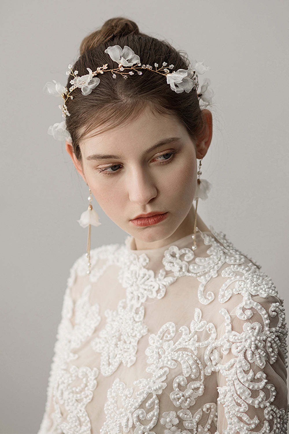 Bridal Headband Earrings with Beaded Flowers