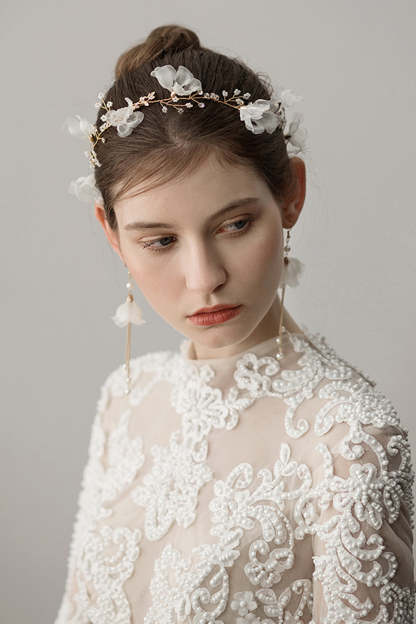 Bridal Headband Earrings with Beaded Flowers
