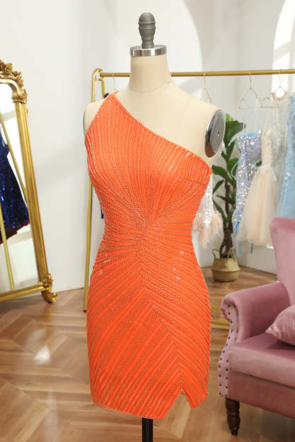 Sparkly Sheath Glitter Green One Shoulder Beaded Tight Cocktail Dress