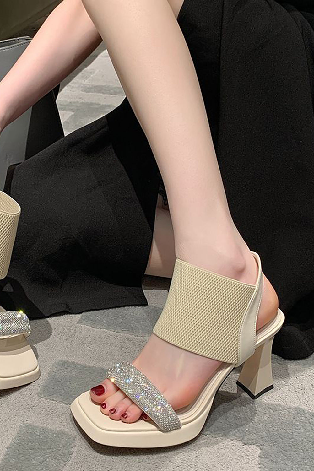 Solid Rhinestone Elastic Sandals with Thick Heel and Fish Mouth Design