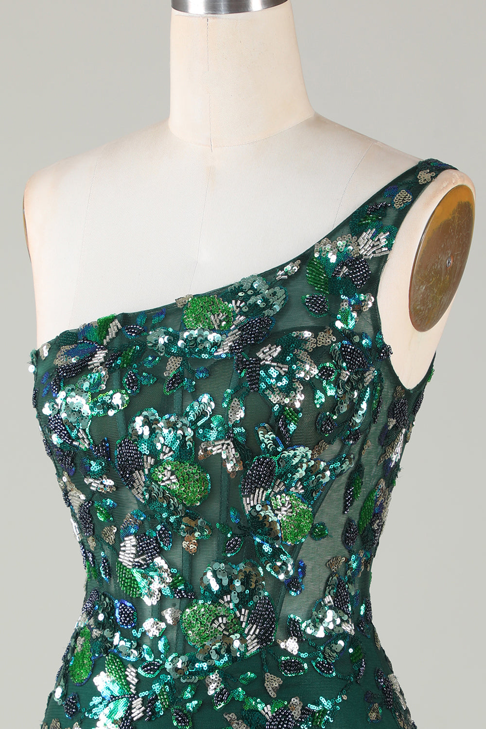 Bodycon One Shoulder Green Sequins Short Cocktail Dress With Feather